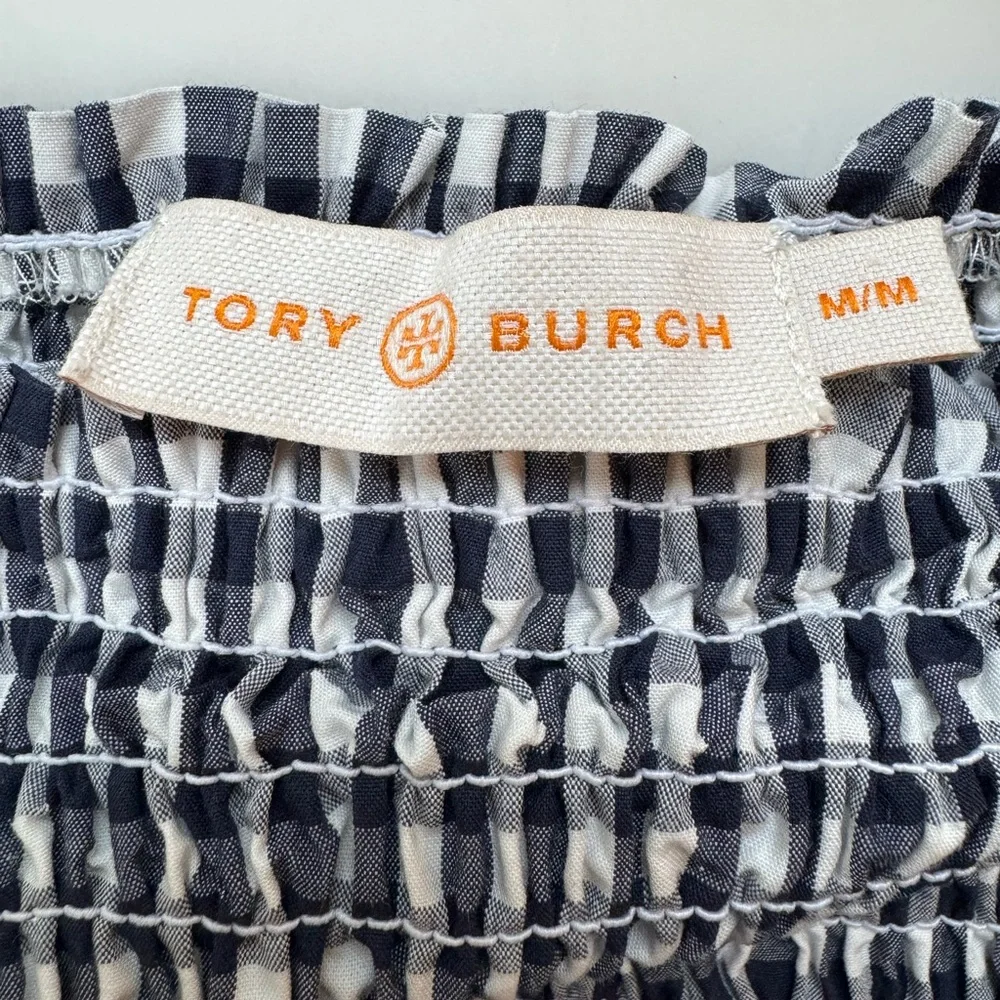 Tory Burch Navy and White Gingham Smocked Midi Dress